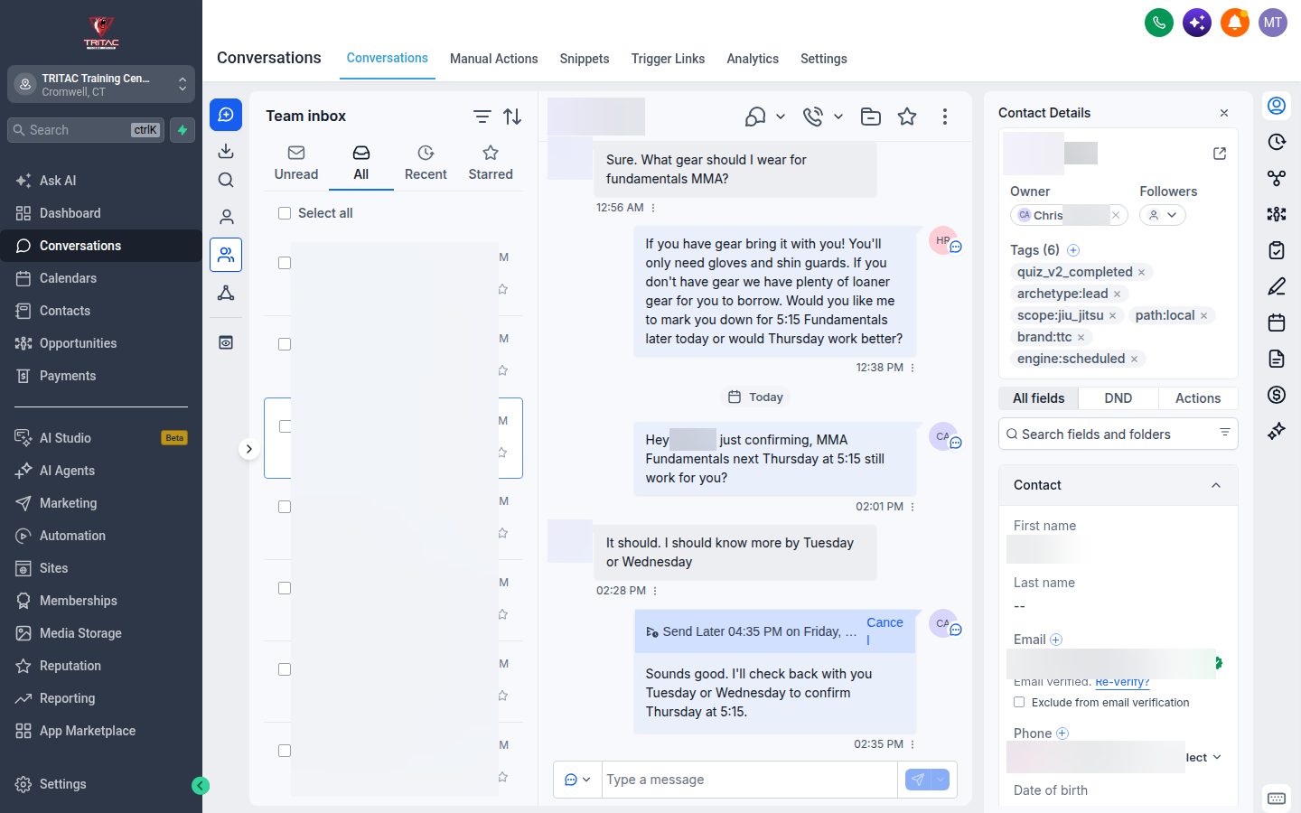 A lead conversation with a drafted reply waiting for staff approval